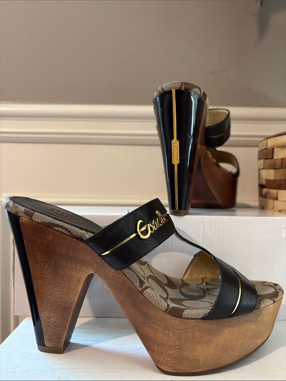Coach Black Leather & Wood-Platform Sandals with Gold Trim